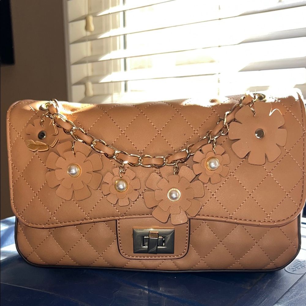 Elegant Tan Quilted Women's Bag with Floral Chain